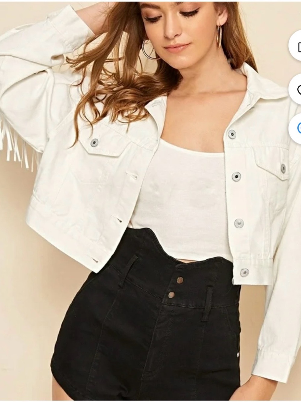 Cropped White Denim Jacket with Fringe Detail
